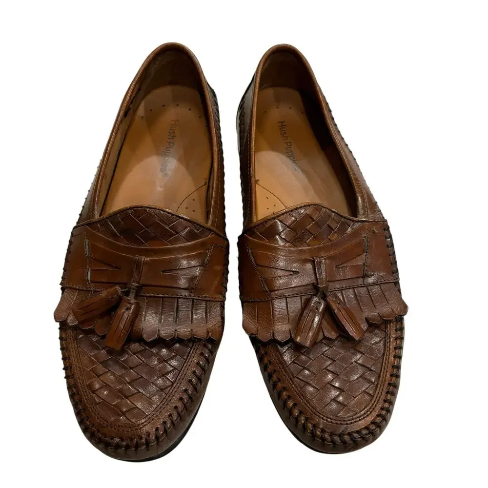Hush Puppies Brown Leather San Remo Woven Tasseled Slip on Dress Shoes Size 9.5M